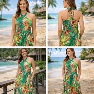 Rabbit Rabbit Rabbit Dress Womens 14 Green Tropical Print Halter Maxi Lined